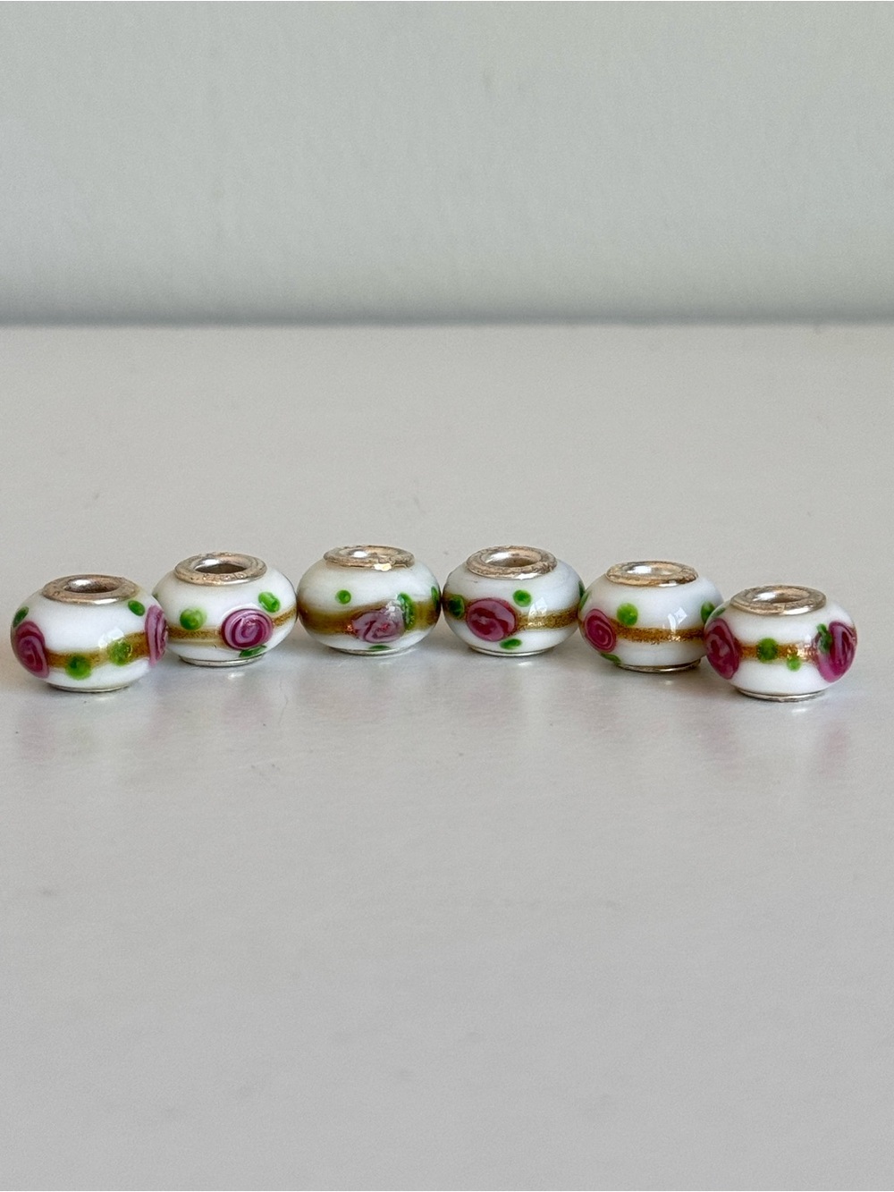 925 Sterling Silver White Pink Green Floral European Art Glass Murano Bead Charm